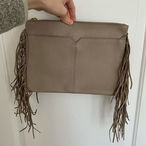 Beige leather fringe clutch bag